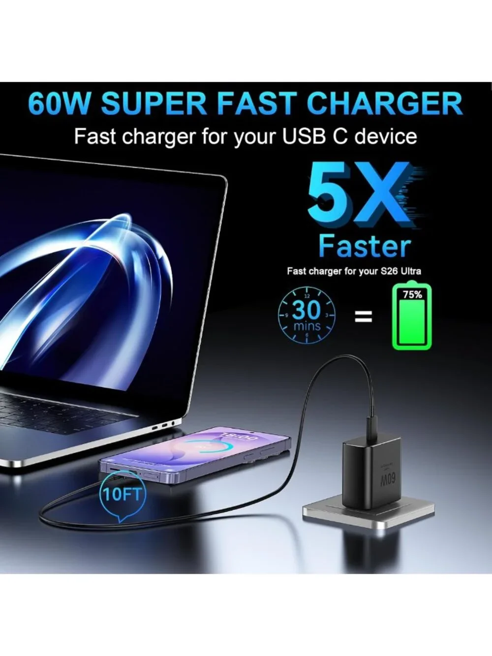 60W Fast USB C Charger Block & 10FT Cable for Android Phones - Quick Charge